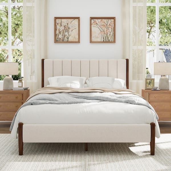 Berger Upholstered Bed Dark Brown Walnut Solid Wood Frame Queen Size Platform Bed with Headboard