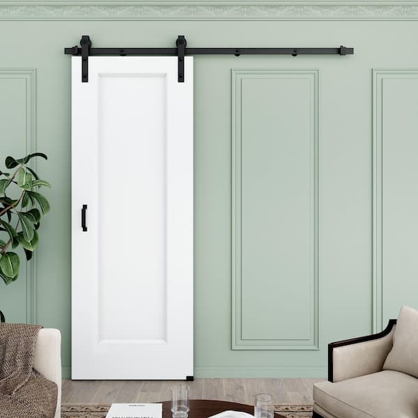 30 in. x 80 in. 1 Panel White Primed MDF Easy Install Sliding Barn Door with Hardware Kit Handle Included for Bathroom