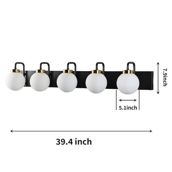 ExBrite Merrin 39.5 in. 5-Light Black LED Bathroom Vanity Light with 3000-5000K Color Temperature with Globe Shades