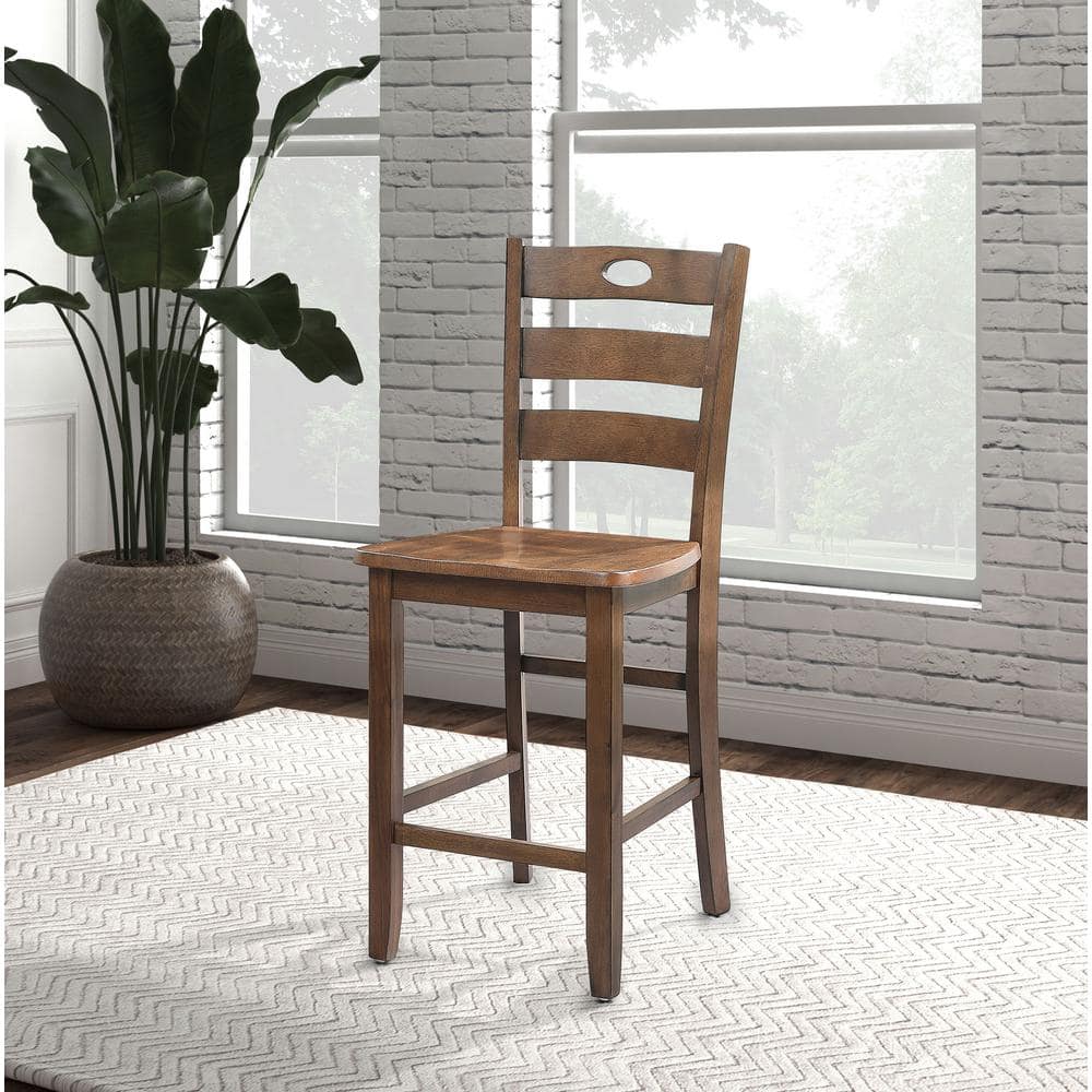 Walnut 5-Piece Square Counter Height Dining Set with Ladder-Back Chairs