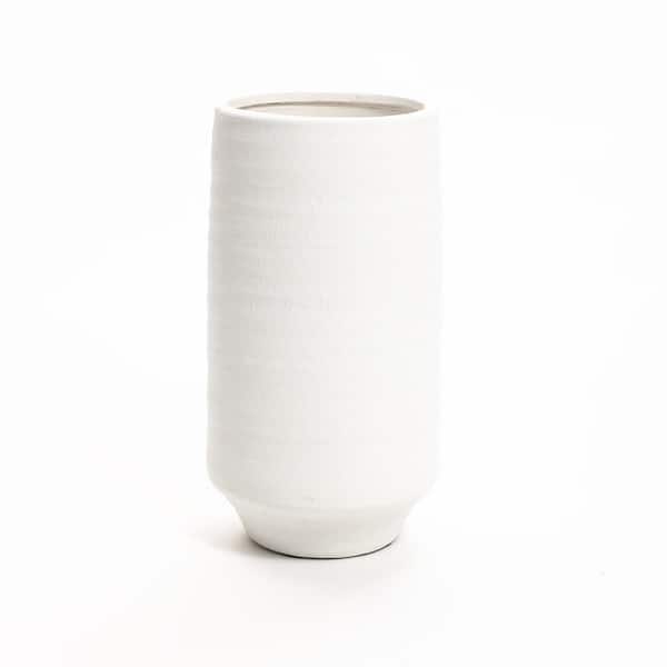 16.1 in. White Terracotta Indoor and Outdoor Cylinder Vase