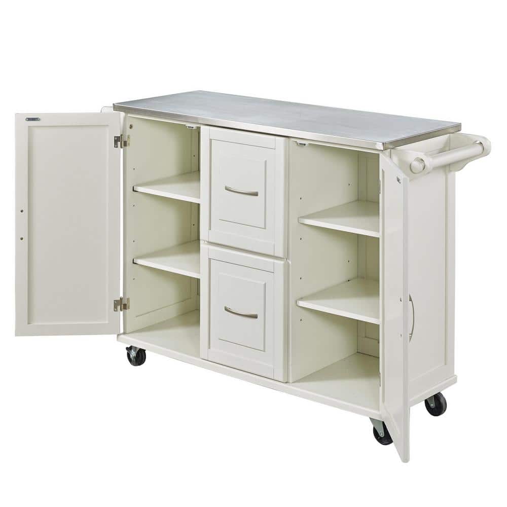 Stainless Steel Top Kitchen Cart with Spice Rack and Storage, Off-White