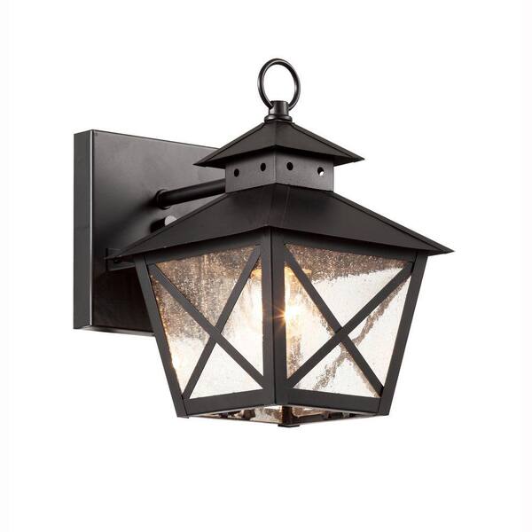 Bel Air Lighting Farmhouse 1-Light Outdoor Black Wall Lantern Sconce with Seeded Glass