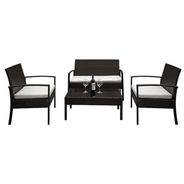 cenadinz Wicker Outdoor 2-Piece Arm Chairs 1-Piece Loveseat and Tempered Glass Coffee Table Rattan Sofa Set with Beige Cushions