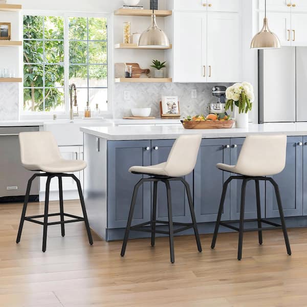 LUE BONA Dennis 37 in. Faux Leather Bar Stools Metal Frame With Upholstered Swivel Counter Height Bar Stools in Ivory (Set of 3)