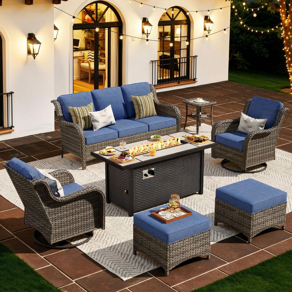 OVIOS Joyoung Gray 7-Piece Wicker Patio Rectangle Fire Pit