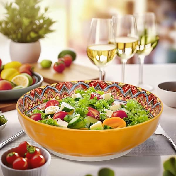 10.3 in. 75 fl. oz. Orange Multicolor Porcelain Serving Bowls Bohemian Style Party Dishes Salad Pasta (Set of 1)