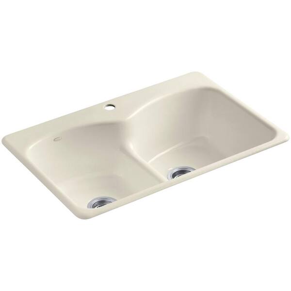 KOHLER Langlade Smart Divide Drop-In Cast-Iron 33 in. 1-Hole Double Bowl Kitchen Sink in Almond