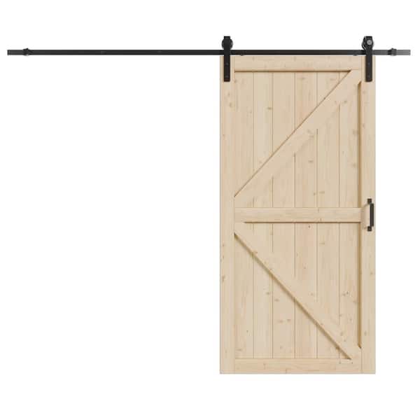 42 in. x 84 in. K-Frame, Pine Wood Unfinished, Barn Door Slab with Barn Door Hardware