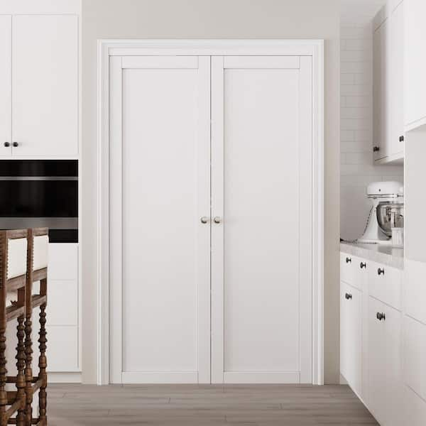 48 in. x 80 in. Solid Core Composite MDF Bi-fold Door + French Style Pivot Hardware (1-Lite White Finish)