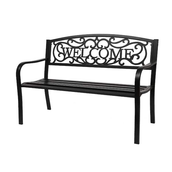 Movisa 50 in. Metal Cast Iron Welcome Back Outdoor Bench, Front Porch ...