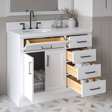 Hepburn 43 in. W x 22 in. D x 36 in. H Bath Vanity in White with White Pure Quartz Vanity Top with White Basin