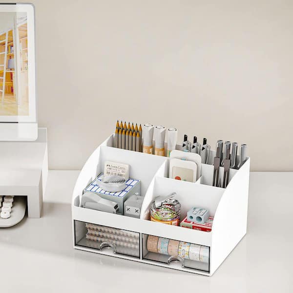 Desk Organizer 1-Pack White Multiple Compartments Drawers Plastic Desktop Storage Makeup Holder Office Supply ICPH005120