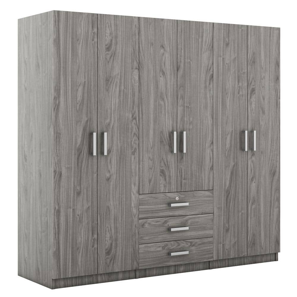 White Wood 70.9 in. 6-Door Wardrobe Armoire with 3-Drawers, 5-Storage Shelves and 3-Hanging Rails - thumbnail 2
