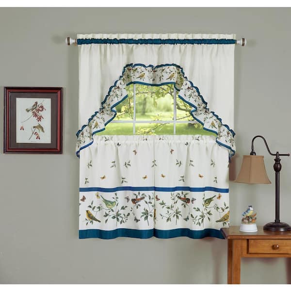 ACHIM Love Birds Blue Polyester Light Filtering Rod Pocket Tier and Swag Curtain Set 57 in. W x 24 in. L