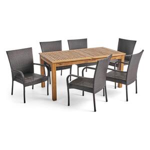 Hayes Natural 7-Piece Wood and Multi-Brown Faux Rattan Outdoor Dining Set