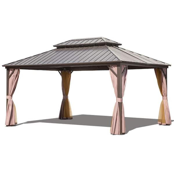 Sudzendf 12 ft. x 16 ft. Aluminum Outdoor Gazebo Double Roof Canopy w/Netting, Curtains, Garden Tent for Patio, Backyard, Lawns