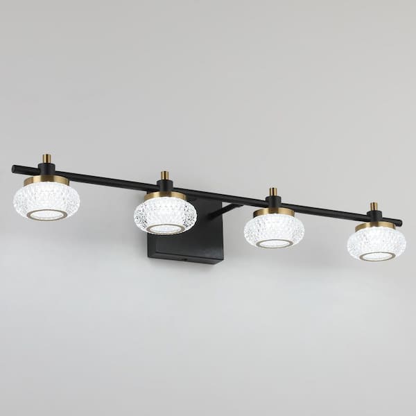 JUSHENG 28 in. 4 Light Black and Gold LED Vanity Light Bar with Clear Acrylic Shade