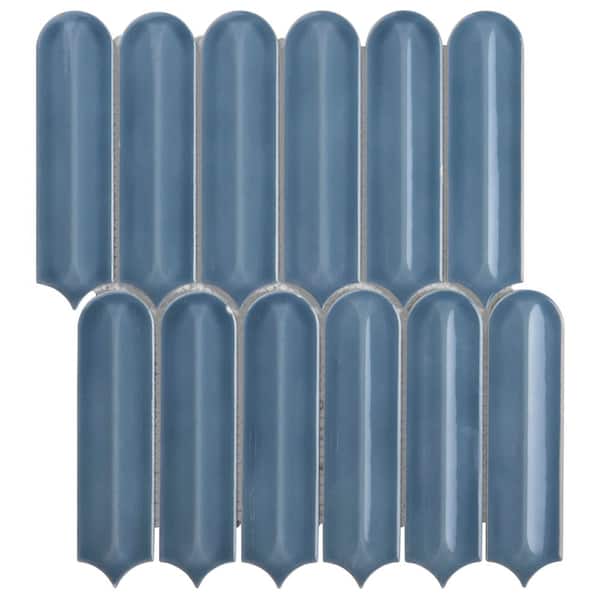 Medley Feather Coastal Blue 4 in. x 0.35 in. Glossy Ceramic Mosaic Wall Tile Sample