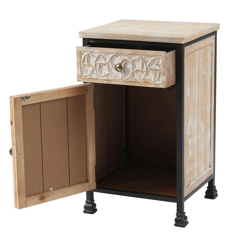 White Fir Wood and Black Iron Bohemian Nightstand with Storage