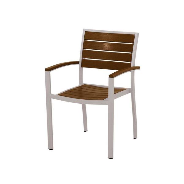 POLYWOOD Euro Textured Silver Aluminum/Plastic Outdoor Dining Arm Chair in Teak Slats