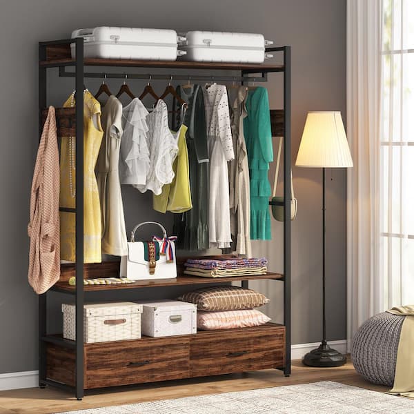 Cynthia Brown Freestanding Garment Rack with 2-Drawers, 6 Hooks, Storage  Shelves and Hang Rod
