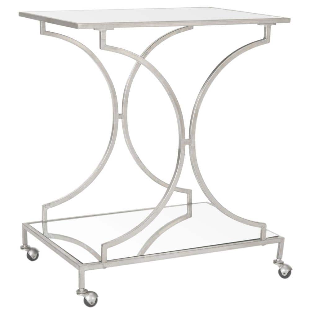 Transitional Silver Mirrored Glass 2-Tier Bar Cart with Storage