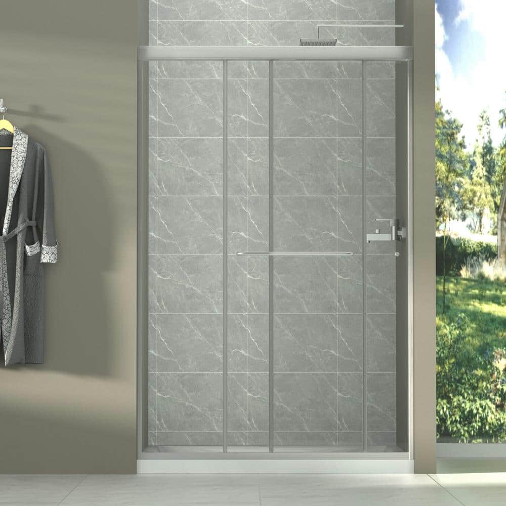 48" Brushed Nickel Framed Sliding Shower Door with Clear Glass