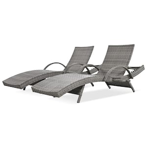 2-Piece Gray Wicker Outdoor Chaise Lounge Recliner Lounge Chair Set with Adjustable Backrest and Pull Out Side Table