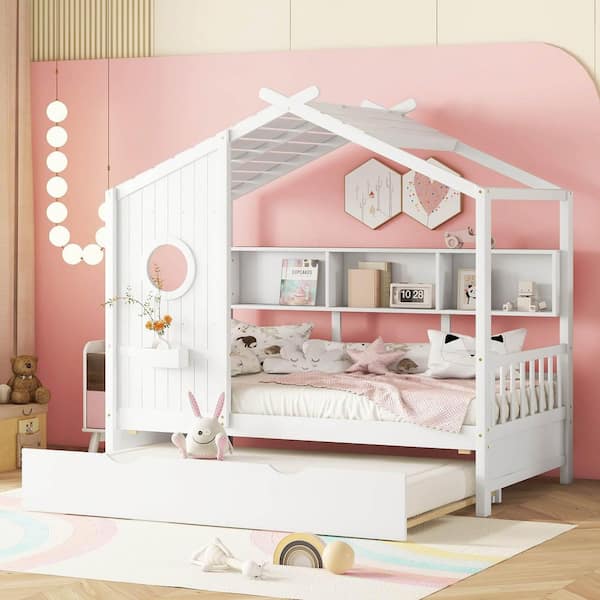 White Wood Frame Twin Size Platform Bed with Trundle, Storage Shlef