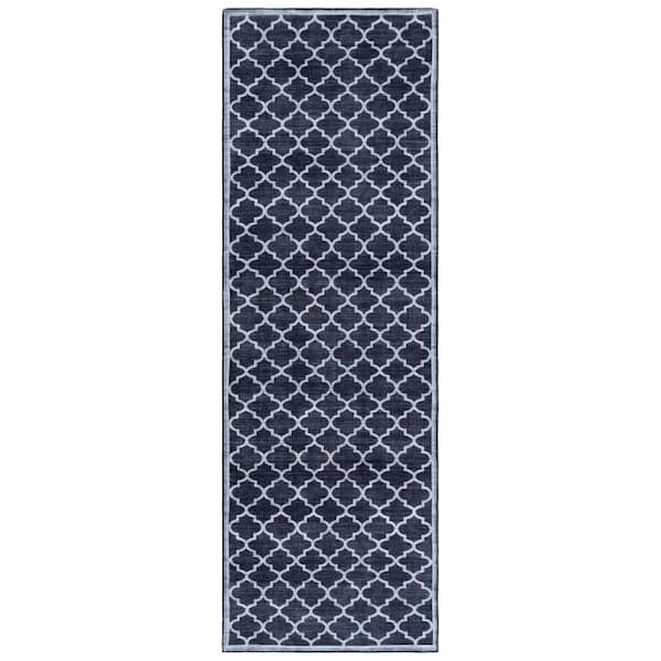 Arizona 3 ft. x 8 ft. Black/Gray Machine Washable Border Geometric Trellis Runner Rug