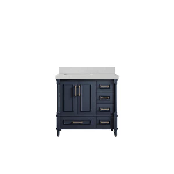 Willow Collections Hudson 36 in. W x 22 in. D x 36 in. H Left Offset Sink Bath Vanity in Navy Blue with 2 in Carrara Quartz Top