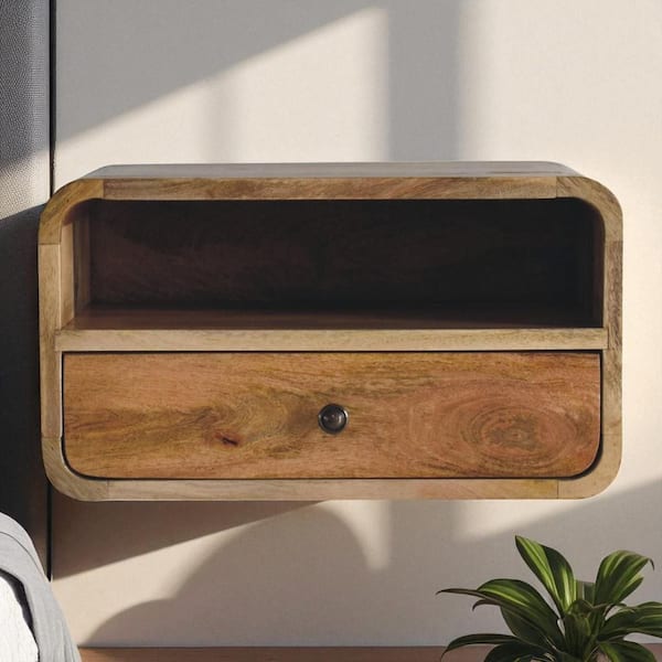 Cecily Light Brown Large 1 Drawer Solid Wood Floating Nightstand with 1 Open Upper Slot
