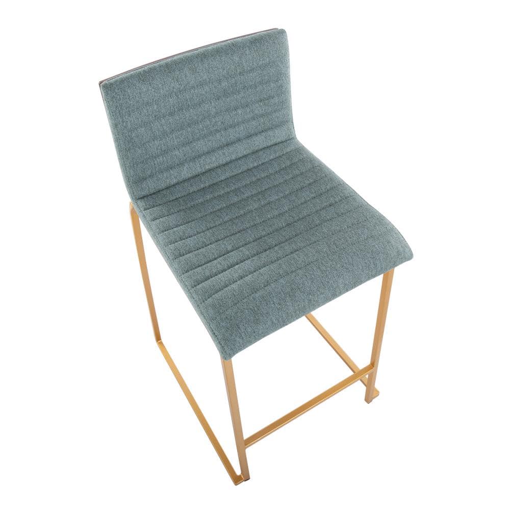 Set of 2 Green Upholstered Wood and Gold Metal Counter Stools