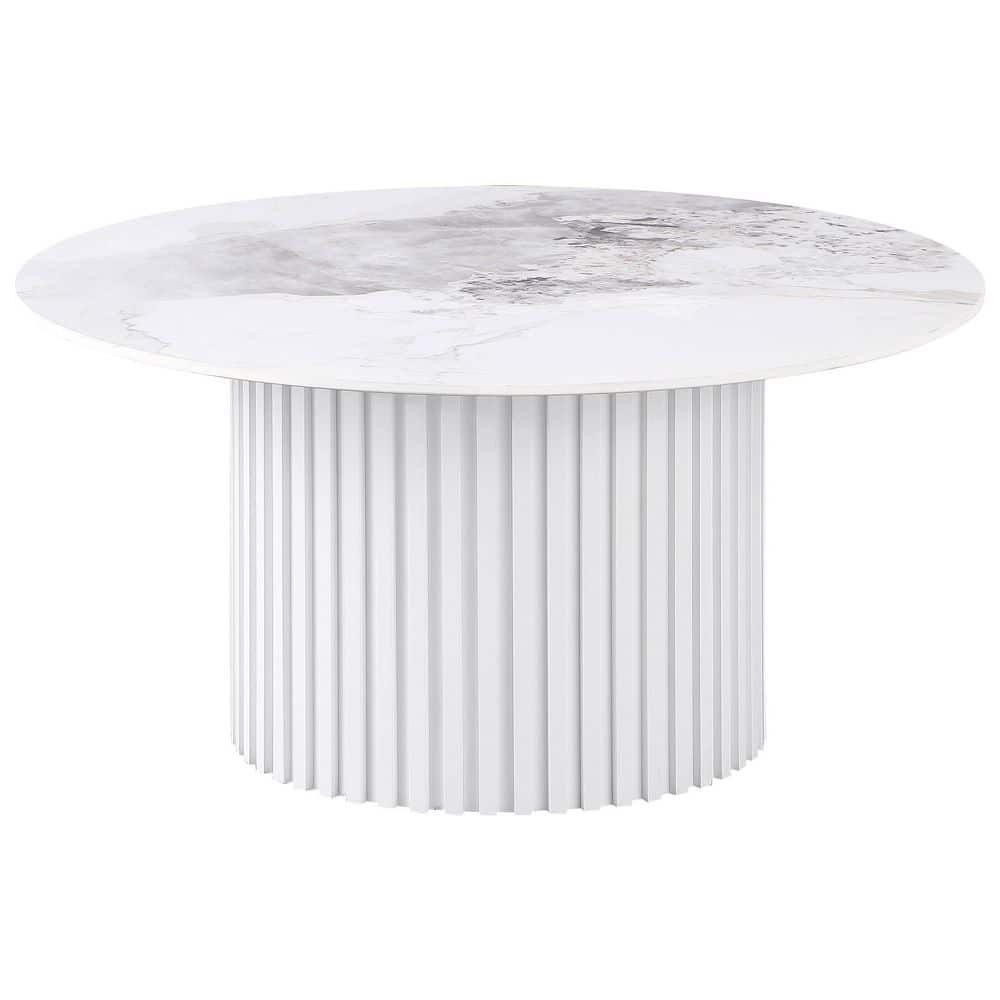 Rowena Round White Faux Marble and Wood Coffee Table