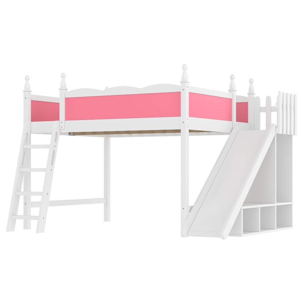 White and Pink Queen Wood Loft Bed with Detachable Slide,Storage Shelves and Wardrobe price history on PriceWatchPro
