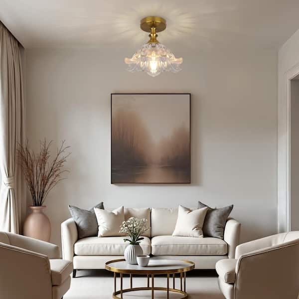 BeamHaven 1-Light Semi-Flush Mount Vintage Ceiling Lights Fixture with Clear Flower Glass for Porch Kitchen Dining Room