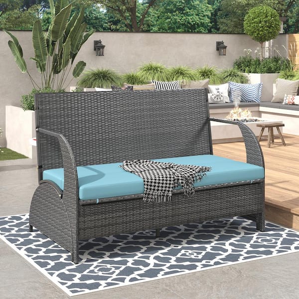 Zeus & Ruta Gray Wicker Patio Outdoor Loveseat with Blue Cushions for Gardens and Lawns