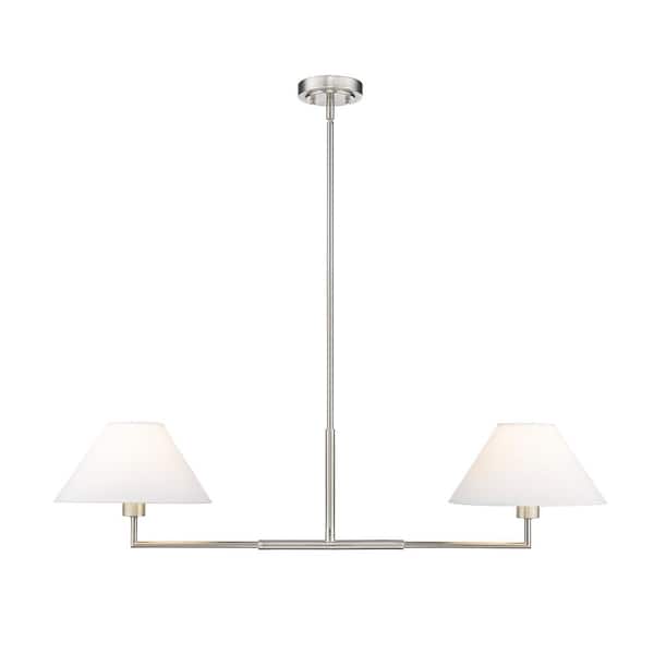 Unbranded Leila 2-Light Brushed Nickel Chandelier with White Linen Fabric Shades
