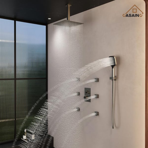6-Spray Dual Shower Heads Ceiling Mount Fixed and Handheld Shower Head 2.5 GPM in Brushed Nickel 12 in. Thermostatic