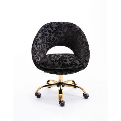 Black Modern Velvet Fabric Swivel Office Chair with Adjustable Height and Golden Feet Base