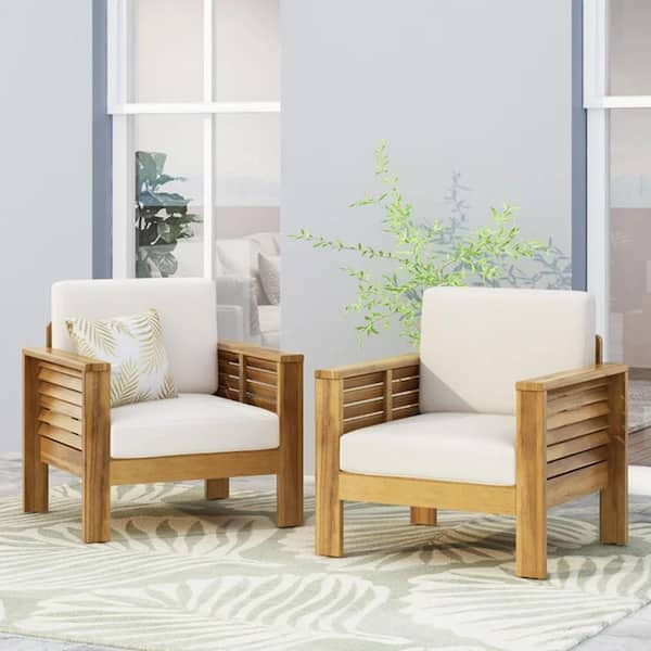Teak and Beige Wood Outdoor Club Chair with Beige Cushions (2-Pack)​
