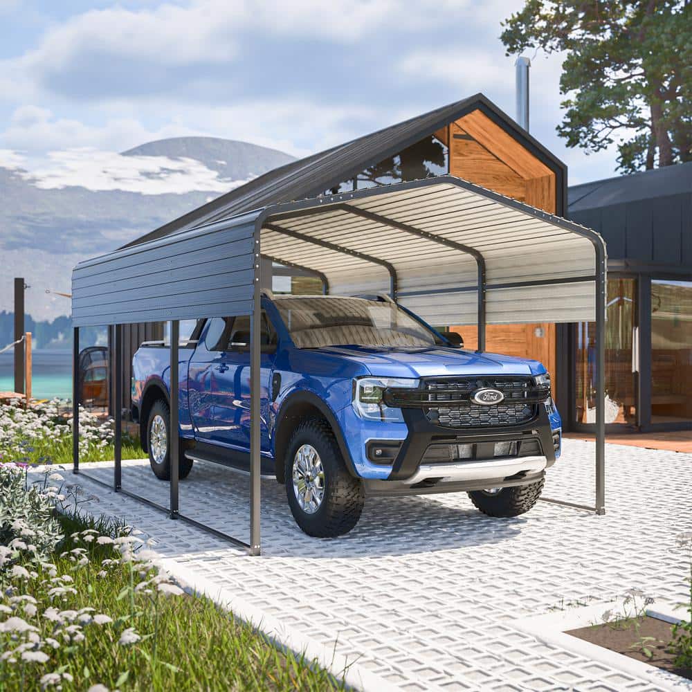 10 Ft. W x 15 Ft. D Gray Metal Carport with Peak Roof