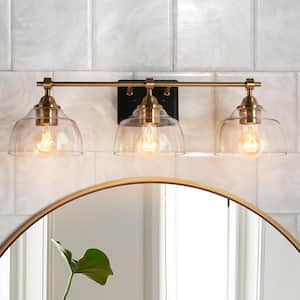 Modern 24.5 in. 3-Light Black and Plated Brass Vanity Light with Clear Bell Glass Shades Wall Light for Bathroom Wall