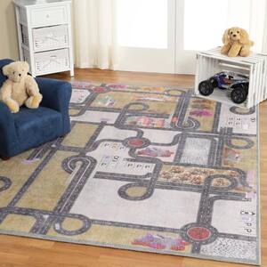 Country Road Mossy Gold 5 ft. 7 in. x8 ft. 9 in. Bright Road Patterened NonSlip Kids PowerLoomed Polyester Area Rug