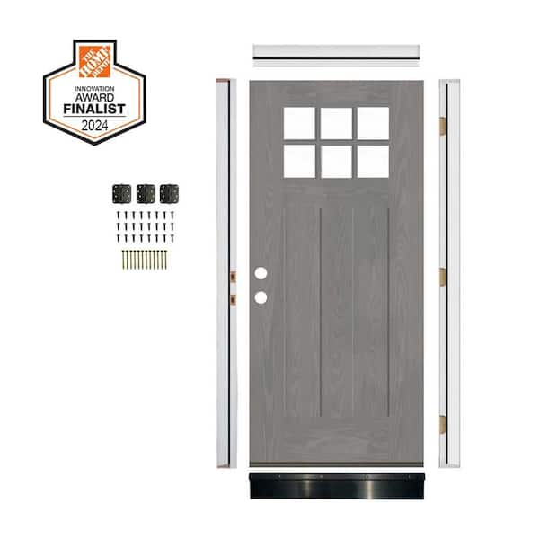 DIY RTA KIT 36in.x80in. Craftsman 6-Lite Clear Glass Right-Hand Grey Stain Fiberglass Ready To Assemble Front Door