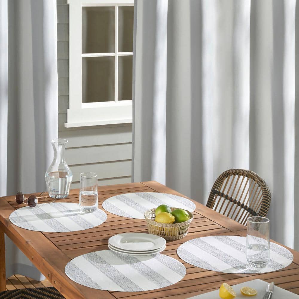 Gray and White Cabana Stripe Round Vinyl Placemats, 15" Set of 4