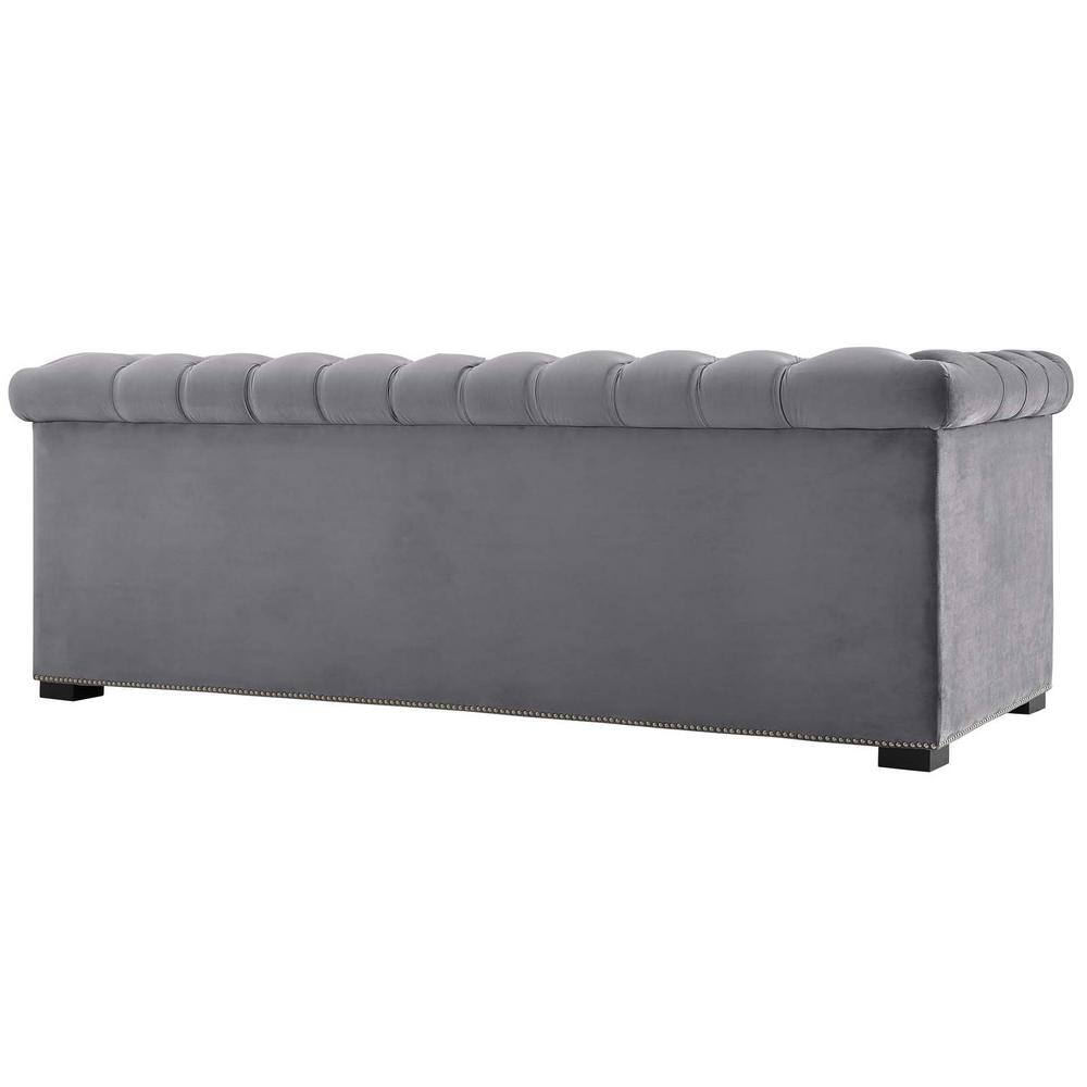 Elegant Black Velvet Chesterfield Sofa with Nailhead Trim and Rolled Arms