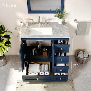 Acclaim 30 in. W x 22 in. D x 34 in. H Bath Vanity in Blue with White Carrara Marble Vanity Top with White Sink