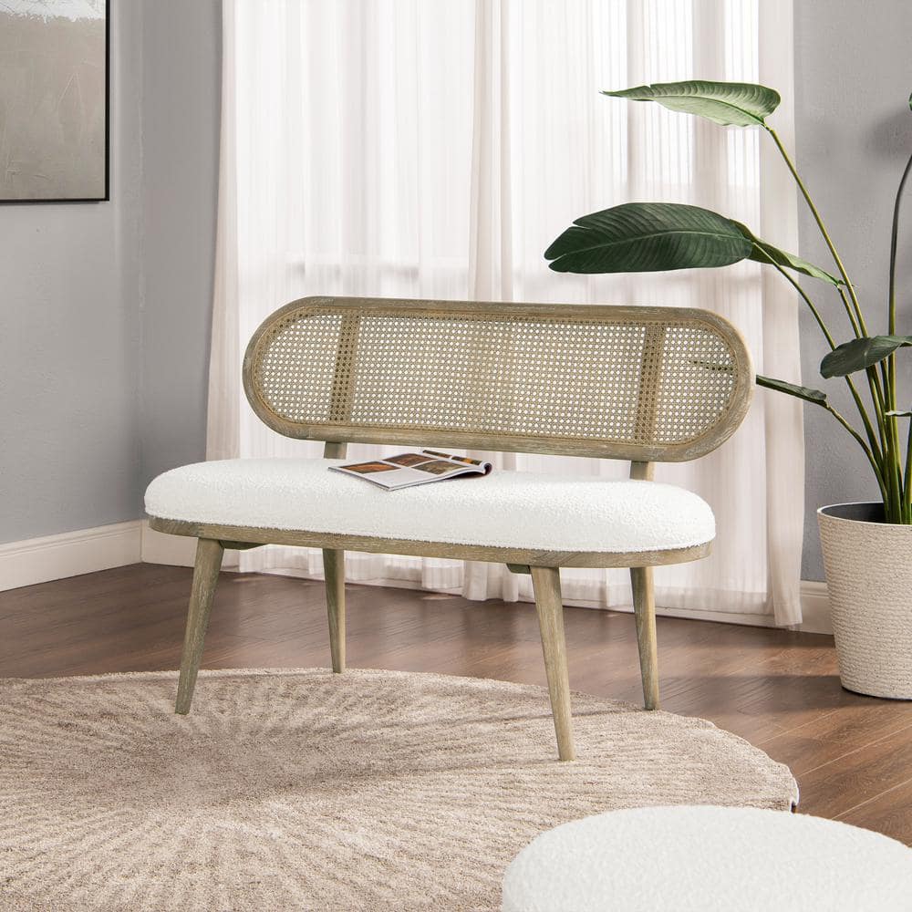 Havana 50" Cane Rattan Upholstered Bench with Ivory Boucle